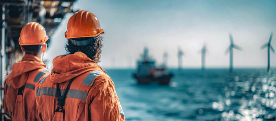 Climate Transition in Energy contrast between renewable wind power and traditional oil infrastructure. Engineers work in zone where old and new energy sources meet.