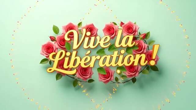 pink roses on green background with golden vive la liberation french text
