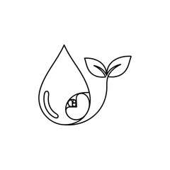 A minimalist line art illustration beautifully merges a water droplet with a plant sprout, featuring a Fibonacci spiral symbolizing natural growth and ecological balance.