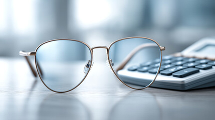 Glasses on the desk next to the calculator, concept of business, finance, accounting, office work and professional analysis