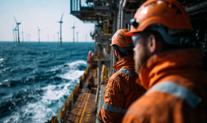Climate Transition in Energy contrast between renewable wind power and traditional oil infrastructure. Engineers work in zone where old and new energy sources meet.