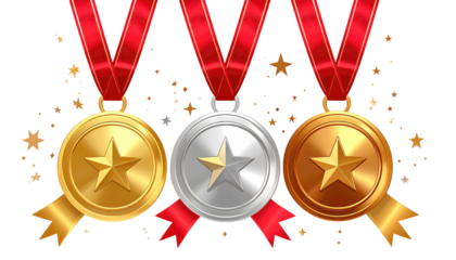 Three metallic medals hanging on red ribbons with star symbols, presented against a black background with scattered golden stars