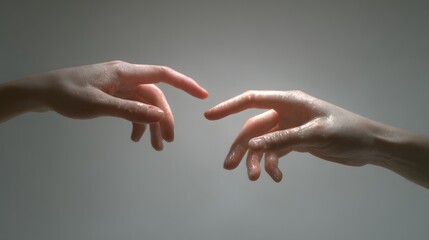 Human hands reaching toward each other symbolizing connection, creation, touch, vulnerability, emotion, and minimalism