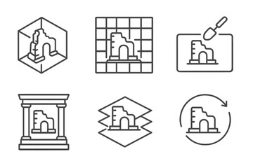 Ancient Site Icons. Line style icons of ancient site reconstructors: 3D ruin model, architectural restoration grid, excavation