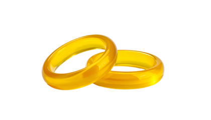 Two glossy, linked yellow rings isolated on a stark black background, symbolizing unity