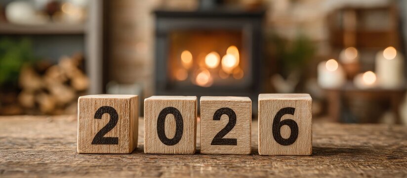 Wooden blocks spelling "2026" on a table, fireplace and candles blurred in background - Powered by Adobe