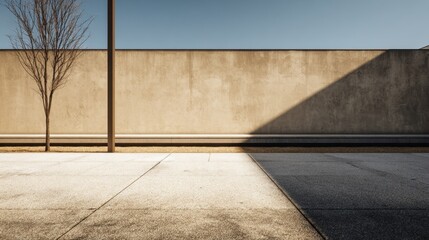 Minimalist urban landscape with tree shadow and concrete wall geometry