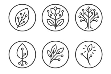 Synthetic Nature Icons. Line style round vector icons of Synthetic Nature: leaves with circuits, robotic flower, digital tree,