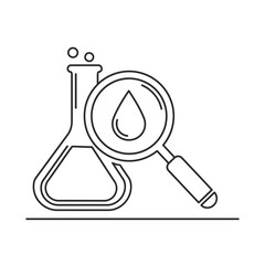 This minimalist line art illustration depicts a science laboratory flask alongside a magnifying glass examining a liquid drop, symbolizing chemical research and analysis.