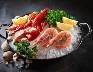 fresh seafood platter with fish fillet shrimp crab lemon and parsley on ice evoking fresh and appetizing mood