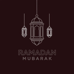 Elegant Ramadan Mubarak vector illustration featuring hanging lantern line art on a dark background, clean minimal style ideal for greeting cards, social media posts, banners, posters, and festive 