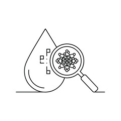 An elegant line art depiction of scientific research, meticulously examining complex molecular structures within a liquid sample using a magnifying glass.