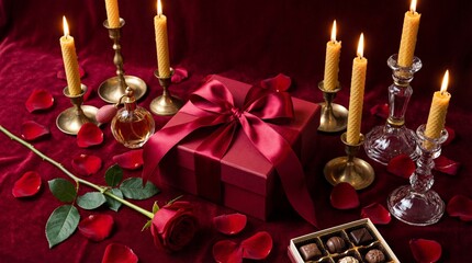 Romantic Red Velvet Table with Gift Box, Candles, Rose, and Chocolates