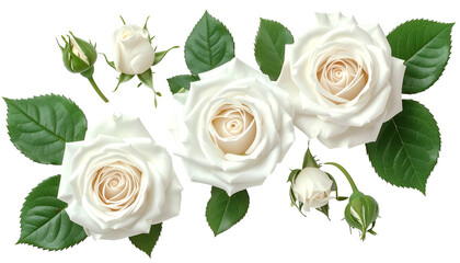 Close-up of white roses and buds, surrounded by green leaves against a black backdrop