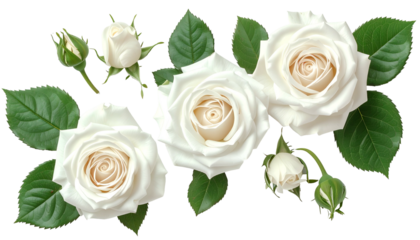 Close-up of white roses and buds, surrounded by green leaves against a black backdrop