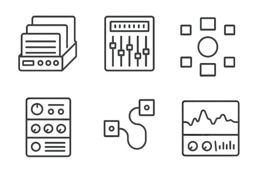 Virtual Audio Interface. Line style icons of virtual mixing environments: multi-layer console, digital fader board, surround sound