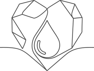Minimalist single-line illustration portraying a crystalline heart cradling a pristine water drop, embodying themes of ecological preservation and heartfelt emotion.