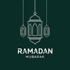 Minimal Ramadan Mubarak vector illustration with elegant hanging lantern line art on a dark green background, modern clean style ideal for greeting cards, social media posts, banners, posters, 