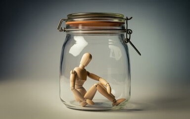 A wooden mannequin trapped inside a glass jar with a metal clasp on a blurred background
