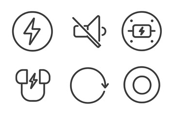Electric Silence Icons. Line style round vector icons of Electric Silence: fading glow, low current, circular spark, quiet signal,