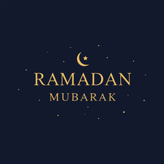 Elegant Ramadan Mubarak vector design featuring crescent moon and stars with refined typography on a dark blue background, minimal luxury style ideal for greeting cards, banners, posters, and festive 