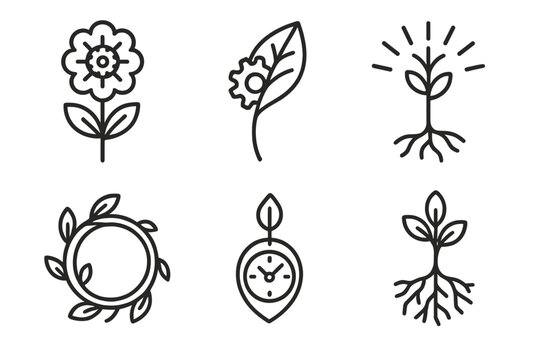 Clockwork Botanical Design. Line style round vector icons of Clockwork Eden: mechanical flower, gear leaf, radiant stem, ticking