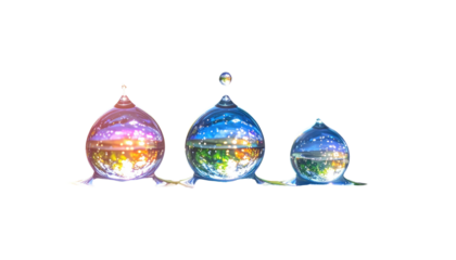 Three iridescent spheres on a black background. Reflective surfaces showcase diverse landscapes. Detailed highlights add depth and visual appeal