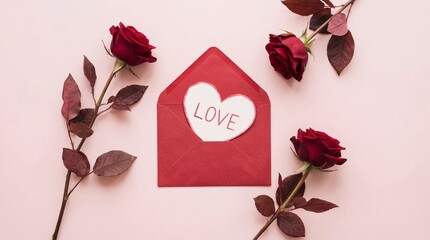 Red Envelope with White Heart and Love Text Surrounded by Deep Red Roses on Pink Background