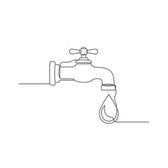 A minimalist continuous line drawing illustrates a single water drop falling from a classic faucet, symbolizing conservation and precious resources.