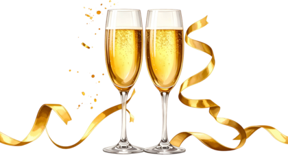 Two champagne flutes clinking, filled with bubbly liquid, adorned with golden ribbons