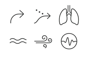 Breathing Flow Icons. Line style icons of Breathing Flow: inhale curve, exhale dots, lung shape, wave motion, calm air, rhythm