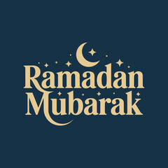 Elegant Ramadan Mubarak typography vector featuring crescent moon and stars in a luxury gold style on a dark blue background, ideal for greeting cards, posters, banners, social media, and festive 