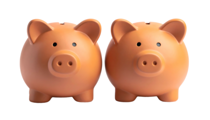 Two identical terracotta piggy banks on a transparent background, side by side