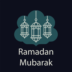Modern Ramadan Mubarak vector illustration featuring three hanging lantern line icons inside a soft cloud shape on a dark background, clean minimal style ideal for greeting cards, banners, posters