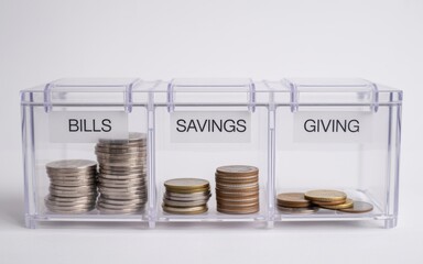 Coins Organized into Bills Savings and Giving Categories in Transparent Containers