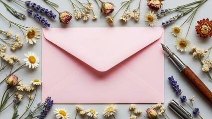 Pink envelope surrounded by colorful flowers and writing utensils on white background
