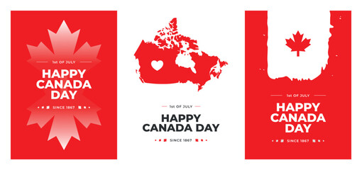 Set of vertical greeting cards. Happy Canada day. Maple leaves, map of county with heart, brush stroke. Red and white. Happy 1st of July national holiday Celebrating Canadian anniversary geometrical