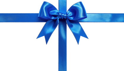 A close-up shot of a glossy, royal-blue satin ribbon tied into a delicate bow. The ribbon is centered against a black backdrop