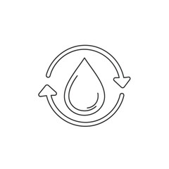 This clean line art illustration depicts a water drop within a circular refresh symbol, representing sustainability, recycling, and environmental conservation efforts.