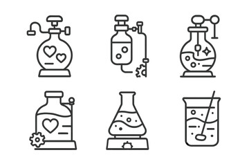 Nostalgic Mixer Icons. Line style icons of nostalgia compound mixers: sentimental liquid mixer, memory infusion vial, emotional