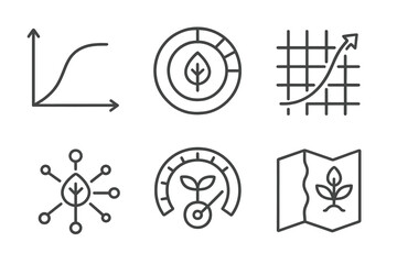 Photosynthesis Icon Set. Line style icons of adaptive photosynthesis systems: light-response chart, chlorophyll efficiency ring,