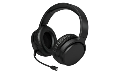 Black over-ear headphones with microphone, isolated on black, angled view