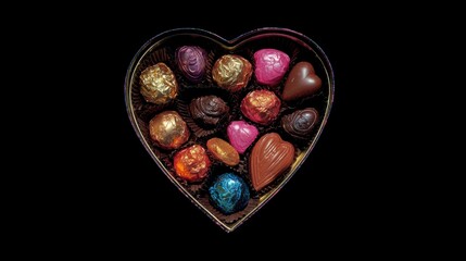 Gold-trimmed heart-shaped box of assorted chocolates on black for Valentine's Day gift or dessert photography