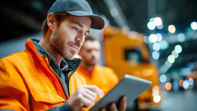 Experienced warehouse manager using digital tablet for logistics control, inventory management and industrial workflow optimization