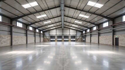 Interior of a large empty modern industrial warehouse. New distribution center with polished concrete floor and loading docks. Commercial real estate for logistics and storage concept