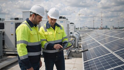 Two engineers inspecting solar panels on a rooftop with a tablet. Technicians collaborating on a renewable energy project