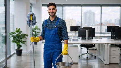 Portrait of a smiling male janitor holding a mop and bucket in a modern office. Professional cleaner in uniform providing commercial cleaning services