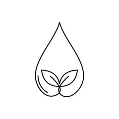 A minimalist line art illustration depicts a water drop containing two delicate leaves, symbolizing environmental care, natural growth, and sustainability.