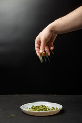 Male hand puts, pours some arugula microgreen on white plate, black wooden background. Healthy organic food. Copy space