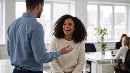 Happy diverse colleagues talking and laughing in a modern office. Young businesswoman enjoying a friendly conversation with a male coworker. Positive workplace communication concept